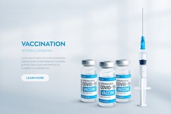 Covid-19 coronavirus vaccine concept. Realistic medical glass vials with metal caps and syringe vector background with copyspace. Vaccination against 2019-nCoV virus. Covid19 immunization treatment.