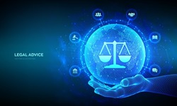 Labor law, Lawyer, Attorney at law, Legal advice concept. Internet law as digital online legal services. World map point and line composition. Earth planet globe in wireframe hand. Vector. EPS10.