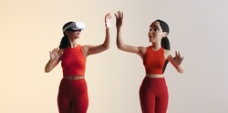Getting into the metaverse. Sporty young woman playing virtual reality games as a 3D avatar. Young woman interacting with immersive technology using a virtual reality headset.