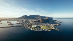 Aerial coastal view of Cape Town. View of cape town city with table mountain, cape town harbour, lion's head and devil's peak, South Africa.