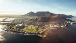 Aerial view of Cape Town with Cape Town Stadium, Lion's Head and Table mountain.