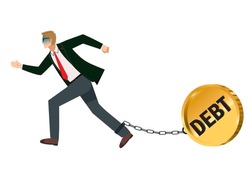 Illustration of a Caucasian male businessman connected to debt and chains 8 heads tall  shackles, debt, heavy tax image