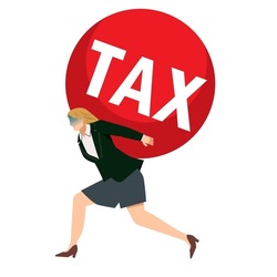 Illustration of a Caucasian female businessman carrying a heavy tax ball 8 life shackles, debt, heavy tax image