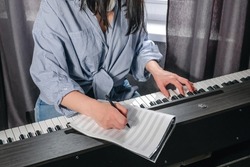 Music.girl plays  piano. Music background, creates music, a soundtrack. Business hobbies, relaxation and psychology. Education and remote work music making. AI-Generated 