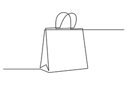 Shopping bag in continuous line art drawing style. Paper package minimalist black linear sketch isolated on white background. Vector illustration