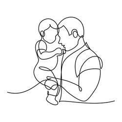 Affectionate father with his little child in continuous line art drawing style. Dad and son bonding. Minimalist black linear sketch isolated on white background. Vector illustration