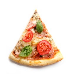 Pizza. Fresh Italian margherita with salami, basil and tomato isolated on white background. Top view