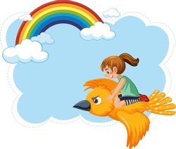 A girl riding a bird flying in sky banner illustration