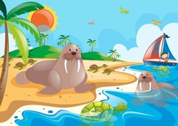 Walrus and turtle in the ocean illustration