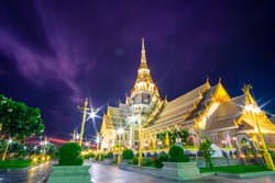 Wat Sothon Wararam Woravihan at night time located in Chachoengsao province, Thailand