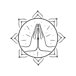 Mudra Namaste with the sun. Hand gesture. Symbol of Buddhism, Hinduism, spirituality. Namaste vector illustration isolated on white background