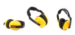 Set of yellow protective ear muffs. Isolated on a white background
