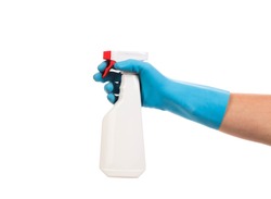 Hand in gloves holds spray bottle. Isolated on a white background.