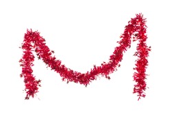Christmas red tinsel with stars. Isolated on a white background. 