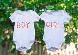 two white baby bodysuits with text boy and text girl hanging on a clothesline on summer background. Gender: boy, girl or twins?