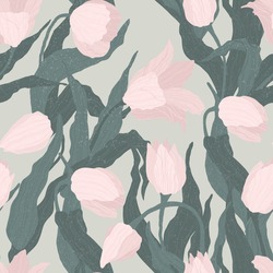Seamless pattern of pink tulip flowers on light green background. Vector illustration. Best for wrapping, textile or print design. Symbol of springtime. 
