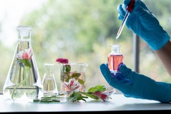 In laboratory ,natural orgaric extraction and flower herble aroma assence in flasks.beauty scientist ,research and develop project medicine for health and beauty care.