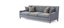 Modern scandinavian classic gray sofa with legs with pillows on isolated white background. Furniture, interior object, stylish sofa.