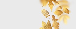 Golden flying autumn leaves of different shapes on light gray background. Autumn concept, fall background. Minimal floral design, autumn leaf frame. Golden twig. Autumn creative composition