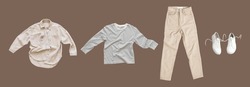 Flying cotton longsleeve, beige jeans, denim shirt, white leather sneakers isolated on brown background. Clean white Unisex T-shirt. Branding clothes. Mock up for your design. Autumn Women's Clothing