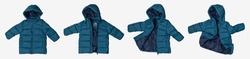 Green emerald children's winter autumn jacket with a hood isolated on gray background. Waterproof jacket for child, warm down jacket. Cutout clothing mockup. Fashion, style, outerwear