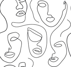Seamless background with women's faces one line style. Female superiority stylized pattern. Modern printable design