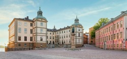 Wrangel Palace, Swedish: Wrangelska palatset, or Court of Appeal of Svealand, a townhouse mansion with Stenbock Palace on the right, Riddarholmen islet, Gamla Stan, the old town of Stockholm, Sweden