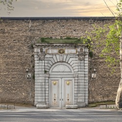 Closed Valide Gate, or Valide Kapisi of former Ottoman Dolmabahce Palace, or Dolmabahce Sarayi, suited in Ciragan Street, Besiktas district, Istanbul, Turkey