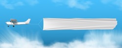 Small Propeller Airplane Towing Clear White Banner In The Sky. EPS10 Vector