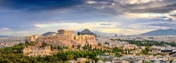 Picturesque Panorama of Athens with Acropolis hill at sunset, Athens, Greece. The Old Acropolis is the main attraction of Athens.