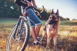 Young dog owner enjoying in the park with his pet. Friendship between man and dog. Pets and animals concept