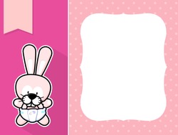 cute little baby bunny with diaper, black and white outline like a sticker and blank space for your birth announcement text, picture or invitation with decorative frame