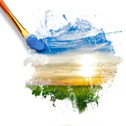 paintbrush painting beautiful landscape with sunrise, blue sky and green grass