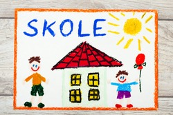 Photo of  colorful drawing: Swedish word SCHOOL, school building and happy children. First day at school. 