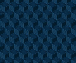Seamless classic blue geometric embroidery cube pattern