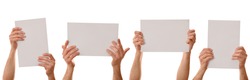 Set of four A4 sheets holding with both hands with white isolated background
