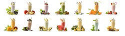 Set of milk shakes with cream in tall glass decorated with fruits of various flavors on white table and white isolated background. Front view.
