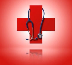 Red cross as a symbol of medical health. With hanging stethoscope and reflex. Frontal view