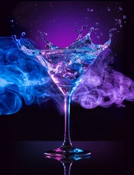 martini cocktail splashing on blue and purple smoky background