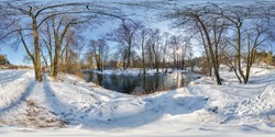 full seamless spherical panorama 360 by 180 degrees angle view near a narrow fast river in a winter sunny evening in equirectangular projection, skybox VR AR virtual reality content