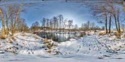 full seamless spherical panorama 360  degrees angle view near narrow fast river in a winter sunny evening. 360 panorama in equirectangular projection. VR AR virtual reality content