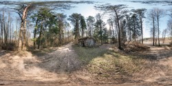 full seamless spherical hdri panorama 360 degrees angle view near stone abandoned ruined military bunker building in pine forest in equirectangular projection, ready AR VR virtual reality content