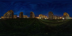full seamless spherical hdri night panorama 360 degrees angle view light in windows of multistory building area of urban development residential quarter in equirectangular projection, AR VR content
