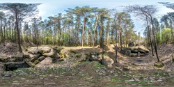 full seamless spherical panorama 360 degrees angle view ruined abandoned military fortress of the First World War in pine forest in equirectangular projection, VR AR content