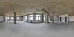 Empty room without repair. full seamless spherical hdri panorama 360 degrees in interior of white loft room office with panoramic windows in equirectangular projection