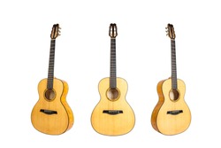set of six strings acoustic wooden guitars isolated on white background. guitar shape