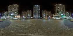 full seamless spherical hdri night panorama 360 near skyscraper multistory buildings of residential quarter with light in windows in equirectangular projection