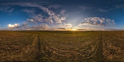 full seamless spherical hdr  panorama 360 degrees angle view among fields in evening sunset with awesome blue pink red clouds in equirectangular projection, ready for VR AR virtual reality
