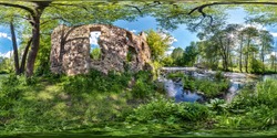 Full spherical seamless panorama 360 degree angle view near the ruins of an old water mill and fast river in equirectangular projection, VR AR content