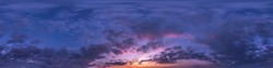 Seamless dark blue and pink sky before sunset hdri panorama 360 degrees angle view with beautiful clouds for use in 3d graphics or game development as sky dome or edit drone shot